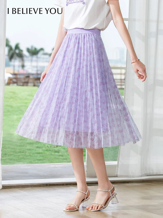I BELIEVE YOU Women Fashion Print Skirts Summer Chiffon Floral Elastic Waist Bling Gauze A-line Mid-calf Women Skirt QBC213784A