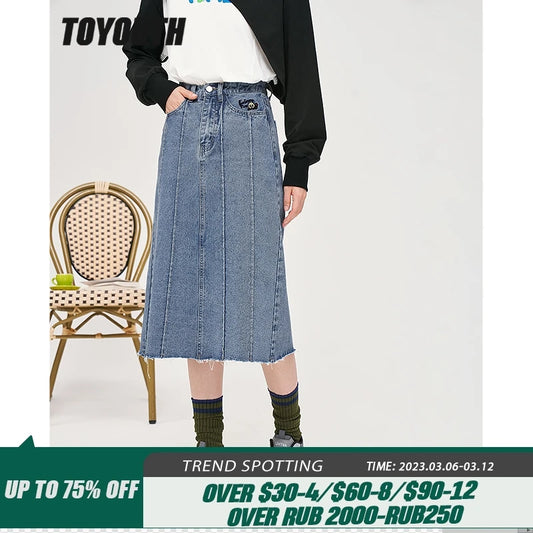 Toyouth Women Denim Skirt 2022 Autumn  A Line Mid Waist  Blue Panda Embroidery Casual Streetwear Midi Skirt